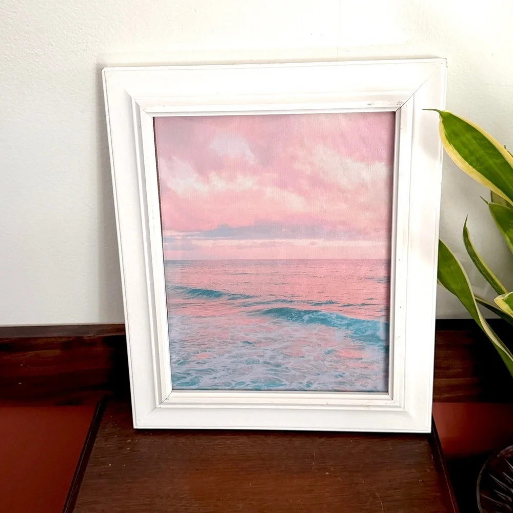 Ocean Waves Pink Cotton Candy Sky Sunset Coastal Beachy Canvas Art Print Framed